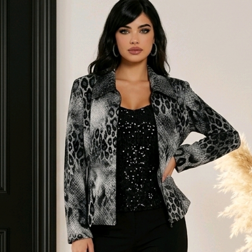 Like New Jolibel Black Gray Animal Print Zip Jacket Sequin Size 6